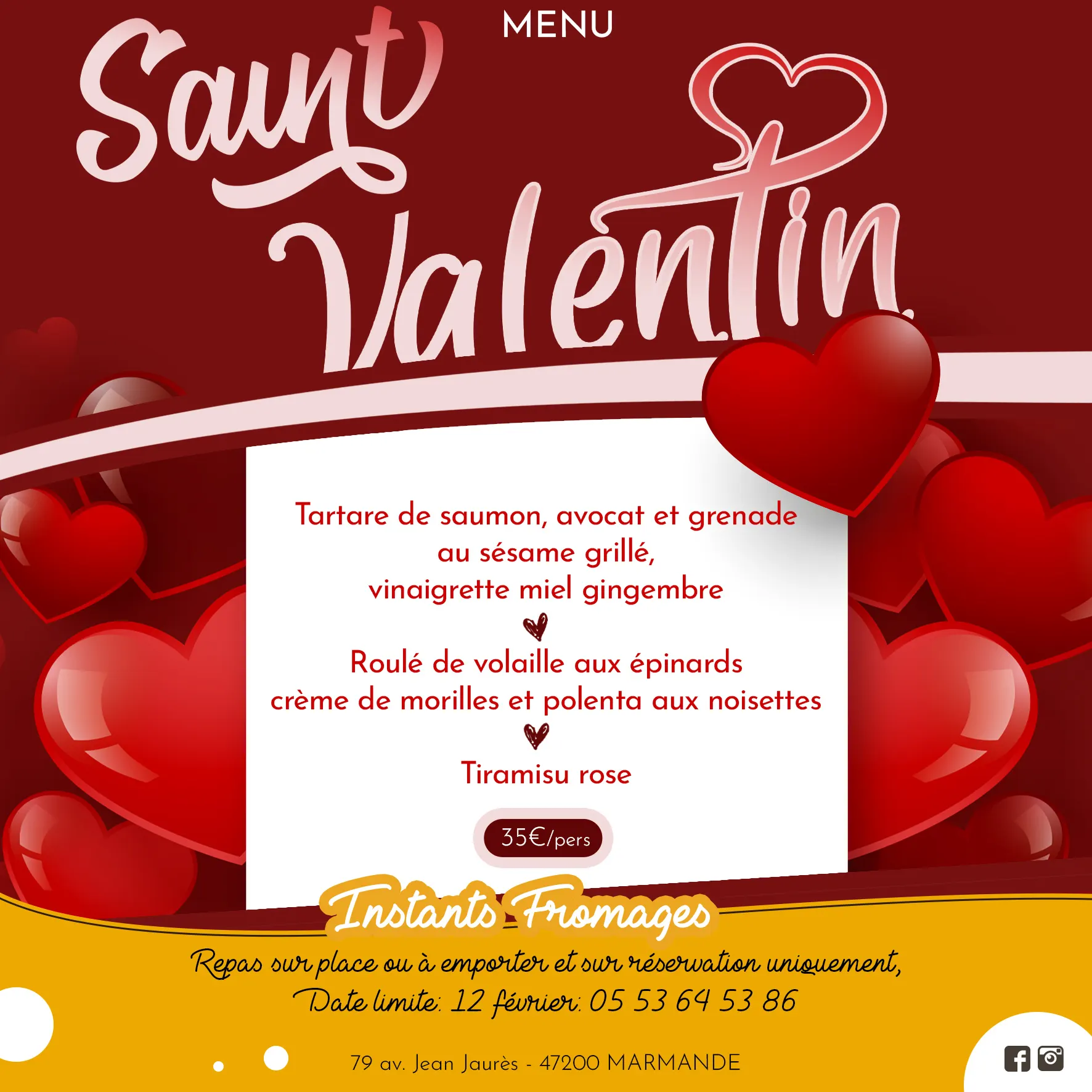 menu soiree saint velentin sur place a emporter fromagerie instants fromage marmande